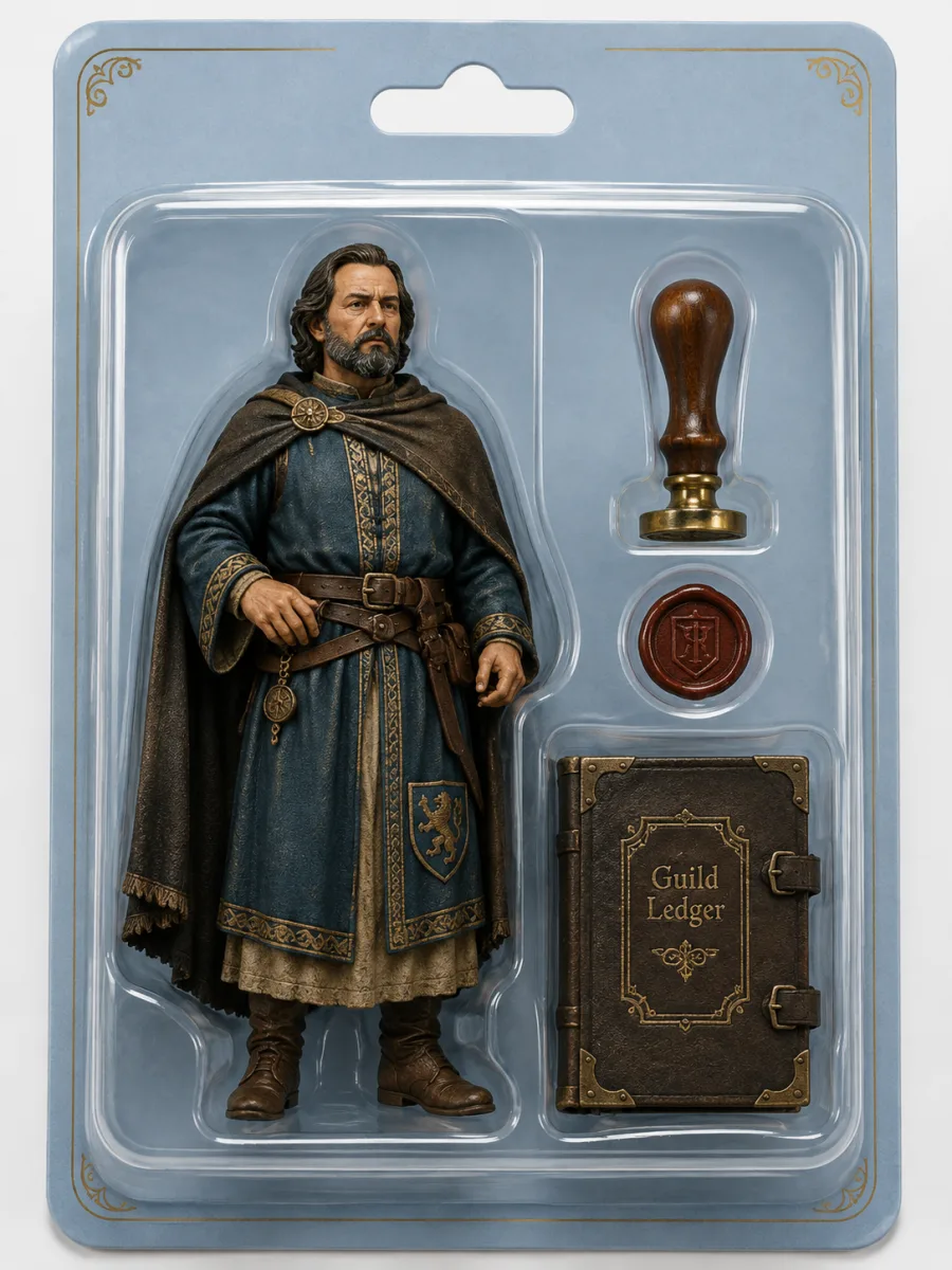 Personnage maître de guilde, sceau et registre — univers Cité médiévale